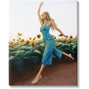 16x20 Woman in Sunflowers, Stretched Canvas, Wood Frame Wall Art Design/Ziwei Li